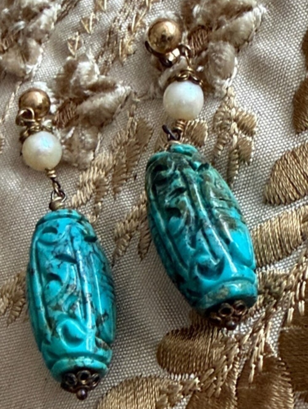 Turquoise Carved Bead Drop Earrings - Unbranded